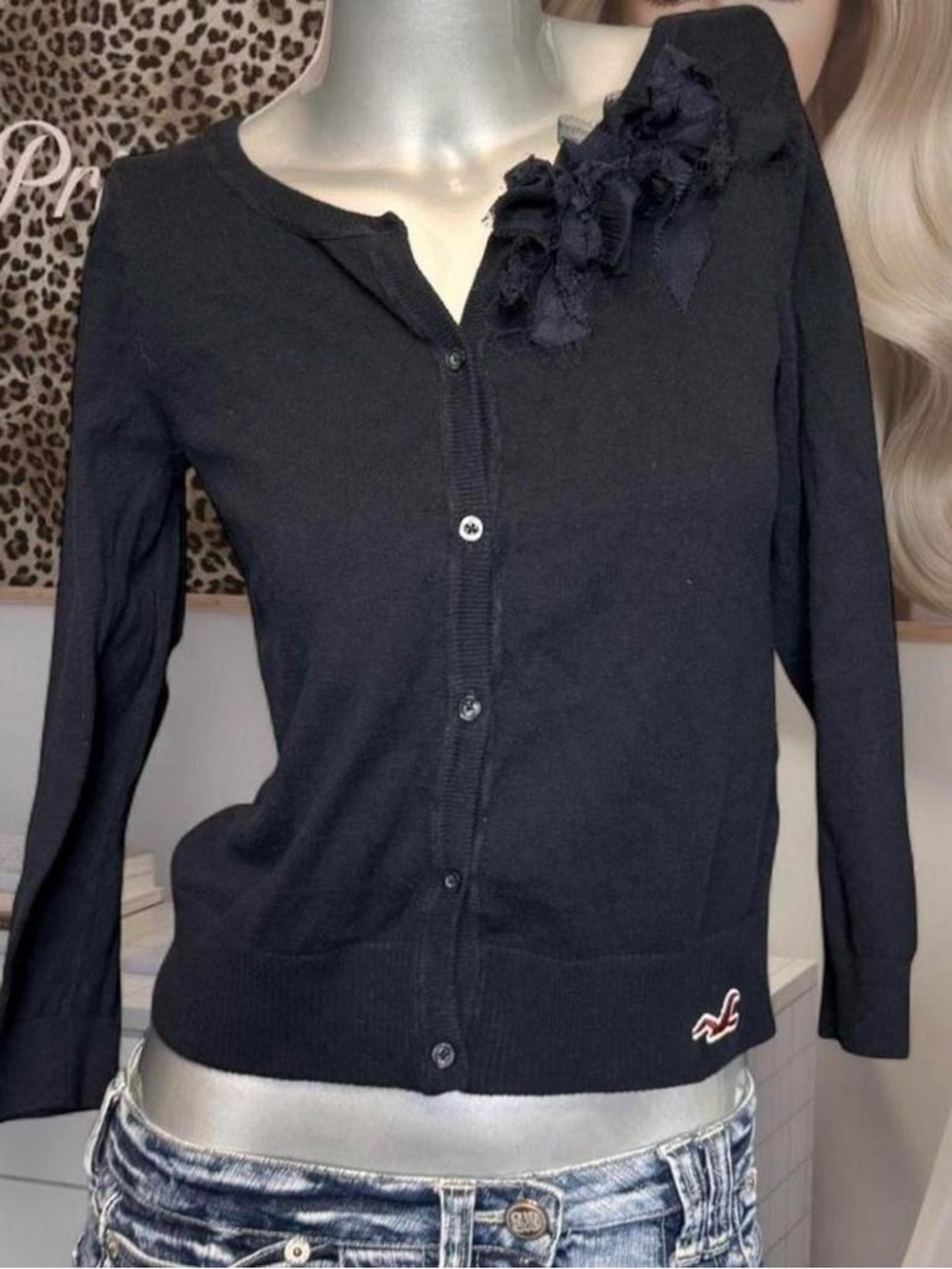 Hollister Vintage Y2K navy cardigan with flower detail